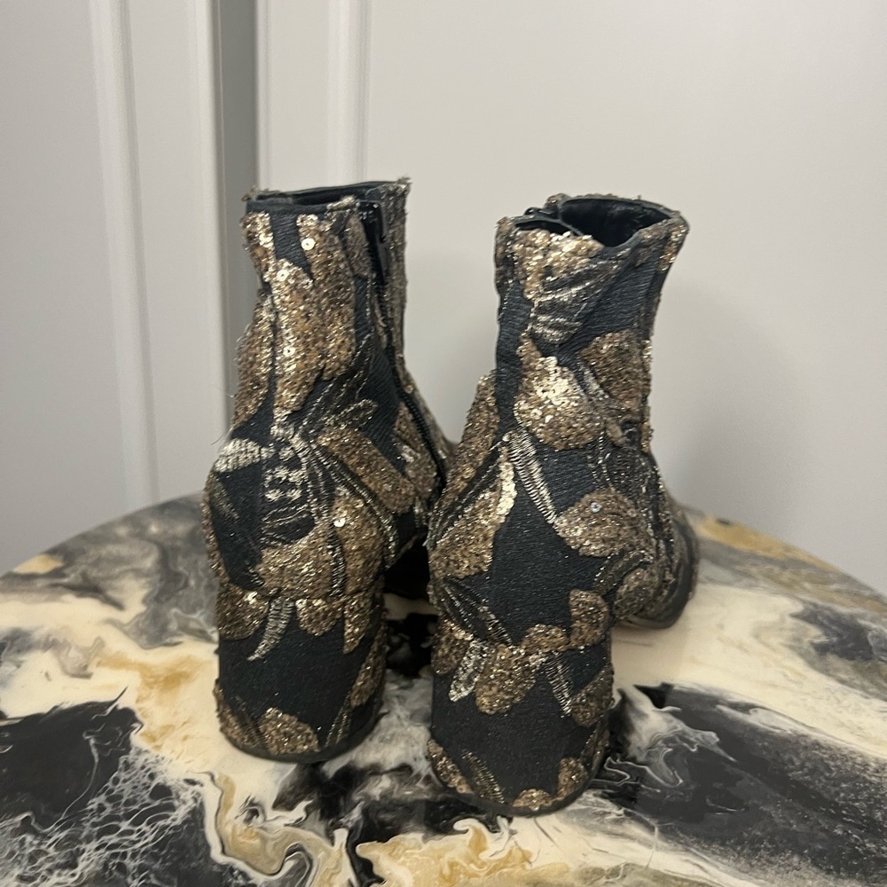 Made in Italy Gold Brocade Sequin Ankle Boots Leather Sole - Picture 6 of 13
